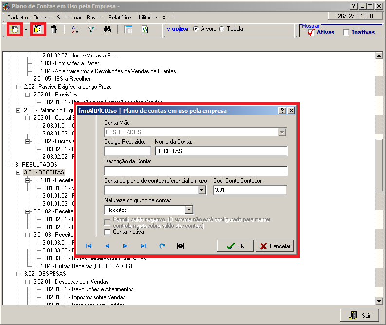 Edi��o/Inser��o Plano de Contas em Uso