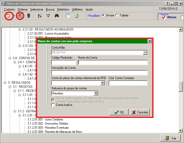 Edio/Insero Plano de Contas em Uso